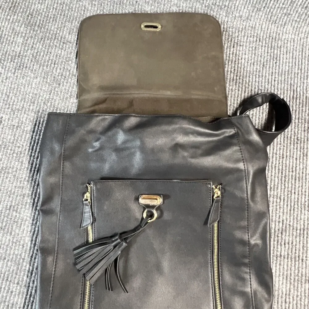 Faux Leather Black Backpack Laptop Bag Casual Work Business Pockets Straps 16x15